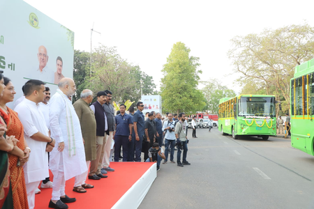 HM Amit Shah flags off ‘PM eBus Sewa’ in Gandhinagar, 40 electric buses begin operations
