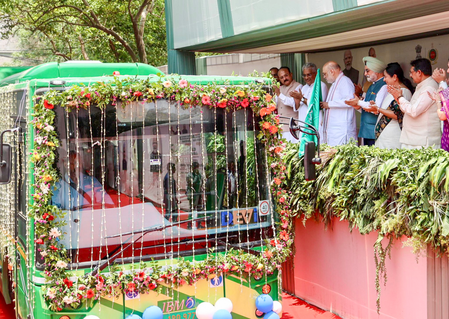 Delhi: HM Amit Shah flags off 300 new e-buses, lays foundation stone for Narela jail
