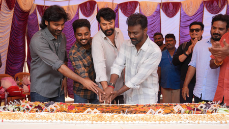 Mammootty, Dhanush, Rajkumar Periasamy, Kalaivanan jointly celebrate their National Award wins on sets of ‘Om’