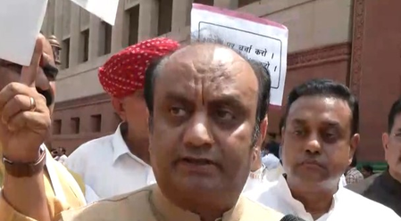 NDA protests at Parliament’s Makar Dwar, accuses Congress of ‘wasting’ valuable time of House