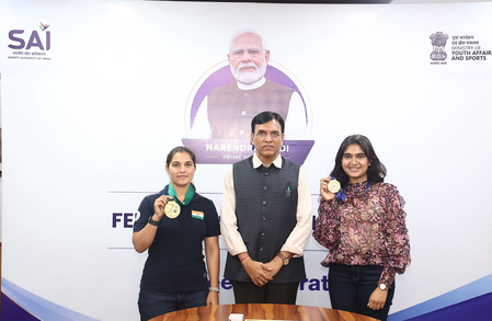 Sports Min Mandaviya felicitates ISSF World Cup gold medallists Esha Singh, Neeru Dhanda