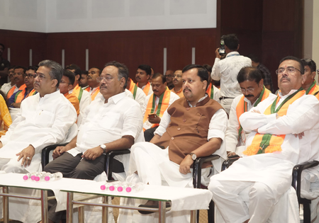 Nitin Nabin listens to ‘Mann Ki Baat’ with party workers at Biswa Bangla Convention Centre in Bengal
