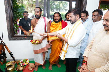 Telangana CM Revanth Reddy performs Ayudhya Puja